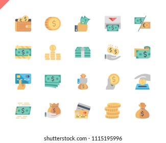 Iconos planos simples de dinero para aplicaciones web y móviles. Contiene iconos como Finanzas, Cartera, Tarjeta, Cajero Automático, Paquete de Dinero, Moneda. 48x48 Pixel Perfecto. Ilustración vectorial.