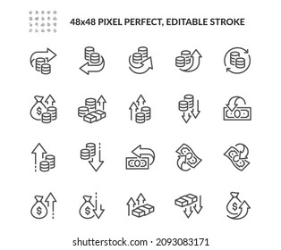 Simple Juego de Dinero Movimiento Vector Relacionado Iconos de Línea. 
Contiene iconos como beneficio, devolución de efectivo, ganancia, pérdida y más. Stroke editable. 48x48 Pixel Perfecto.