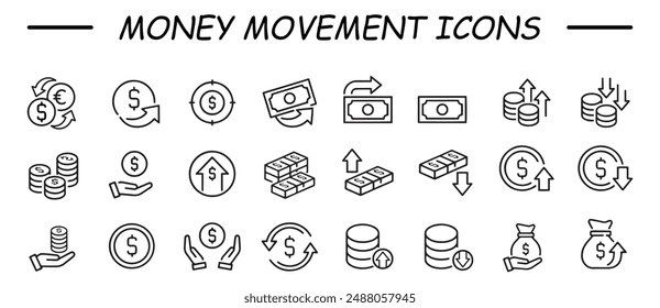 Simple set of money movement related vector line icons. Contains such icons as profit, cash back, gain, loose and more.