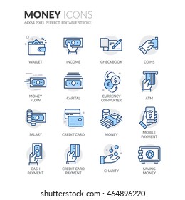 Simple Set of Money Related Color Vector Line Icons. 
Contains such Icons as Wallet, Credit Card Payment, Money Flow and more.
Editable Stroke. 64x64 Pixel Perfect. 