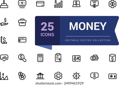 Simple set of money related line icons. Contains as wallet, ATM, bundle of money, coin and more. Minimalistic web and UI icon. Outline icon collections.