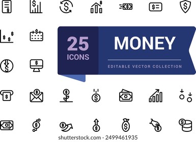 Simple set of money related line icons. Contains as wallet, ATM, bundle of money, coin and more. Minimalistic web and UI icon. Outline icon collections.