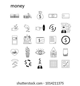 Simple Set of Money Related Vector Line Icons. Depicted such processes as take the money, give away, convert, exchange and more.