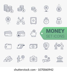Simple Set of Money Related Vector Line Icons. 
Contains such Icons as Wallet, ATM, Bundle of Money, Hand with a Coin and more.