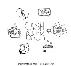 Simple Set of Money Related Vector Icons on white background. cash back money. cashback or money refund label. Hand drawn Vector illustration.