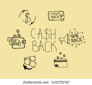 Simple Set of Money Related Vector Icons on color background. cash back money. cashback or money refund label. Hand drawn Vector illustration.