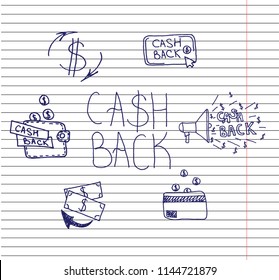 Simple Set of Money Related Vector Icons on copybook background. cash back money. cashback or money refund label. Hand drawn Vector illustration.