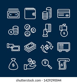 Simple Set of Money Related Vector Line Icons. Contains such Icons as Wallet, ATM, Bundle of Money, Hand with a Coin and more.