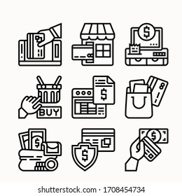 Simple Set of Money Related Vector Line Icons. Contains such Icons as Wallet, ATM, Bundle of Money, Hand with a Coin and more.