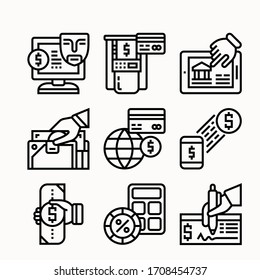 Simple Set of Money Related Vector Line Icons. Contains such Icons as Wallet, ATM, Bundle of Money, Hand with a Coin and more.