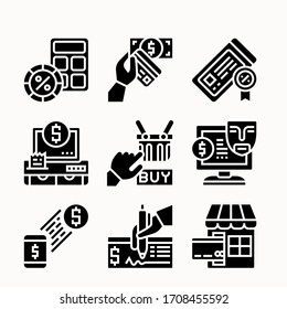 Einfache Set von Geld verwandten Vektorsymbols. Enthält solche Symbole wie Geldbeutel, Geldautomat, Geldbeutel, Hand mit Münze und mehr.