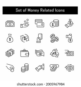 Simple Set of Money Related Vector Line Icons. Contains such Icons as Wallet, ATM, Bundle of Money, Hand with a Coin and more. Editable Stroke. 48x48 Pixel Perfect.
