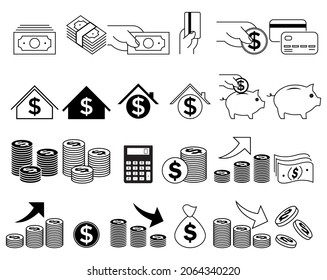 Simple Set of Money Related Vector Line Icons. Contains Icons such as Banknotes, Coins, Money Pack, Hand with a Coin, Safe, Card and more. Editable Stroke.