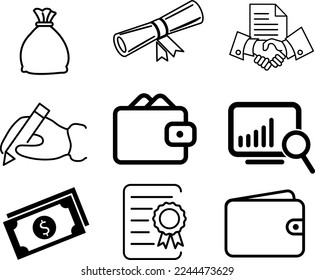 Einfache Set von Geld verwandten Vektorgrafik-Symbole. Enthält solche Symbole wie Geldbeutel und Geldbeutel, Hand mit einer Münze und mehr. Bearbeitbarer Stroke.eps
