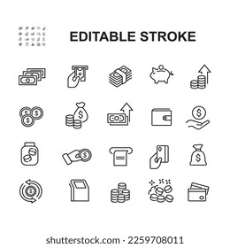 Simple Set of Money Related Vector Line Icons. Contains such Icons as Wallet, ATM, Bundle of Money, Hand with a Coin and more. Editable Stroke.