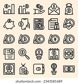 Simple Set of Money Related Vector Line Icons. Contains such Icons as Wallet, ATM, Bundle of Money, Hand with a Coin and more. Editable Stroke. 96x96 Pixel Perfect.