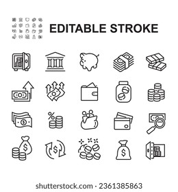 Simple Set of Money Related Vector Line Icons. Contains such Icons as Wallet, ATM, Bundle of Money, Hand with a Coin and more.