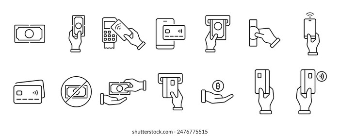 Conjunto simple de iconos de línea de Vector relacionados con dinero. Contiene tales iconos como cartera, cajero automático, Paquete de dinero, mano con una moneda y más. Trazo editable. 48x48 Píxel Perfecto.