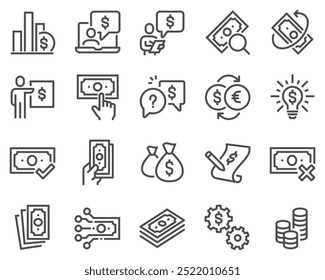 A simple set of money related vector line icons. Contains icons such as business idea, financial audit, report and more. Editable stroke.