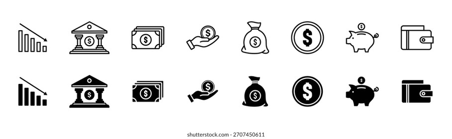 Simple set of money related vector line icons. Contains such icons as wallet, bundle of money, hand with a coin and more. Editable stroke.