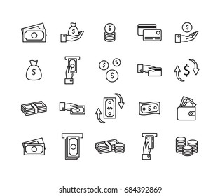 Simple Set Of Money Related Vector Line Icons. Contains Such Icons As Wallet, ATM, Bundle Of Money, Hand With A Coin, Exchange, Money Transfer And More.