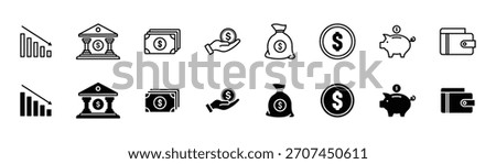 Simple set of money related vector line icons. Contains such icons as wallet, bundle of money, hand with a coin and more. Editable stroke.