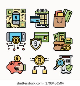 Simple Set of Money Related Vectorcolor Icons. Contains such Icons as Wallet, ATM, Bundle of Money, Hand with a Coin and more.