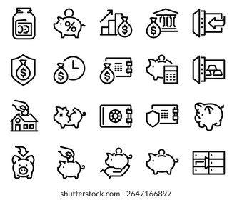 Simple Set of Money Savings Related Vector Line Icons. Contains such Icons as Bank Safe Deposit Box, Tips Jar, Pension Calculator and more.