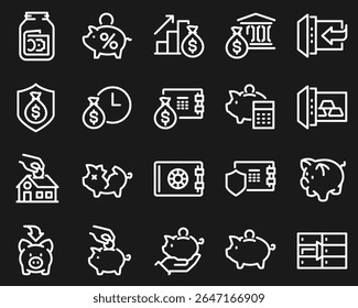 Simple Set of Money Savings Related Vector Line Icons. Contains such Icons as Bank Safe Deposit Box, Tips Jar, Pension Calculator and more.