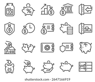 Simple Set of Money Savings Related Vector Line Icons. Contains such Icons as Bank Safe Deposit Box, Tips Jar, Pension Calculator and more.
