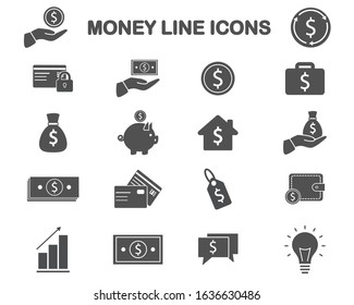 A simple set of money vector icons. Contains such icons as a wallet, a package of money, a hand with a coin and much more. Editable move.