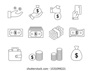 simple set of money vector line icons, icon of money, wallet, atm, bundle of money, hand with coin and money icons.