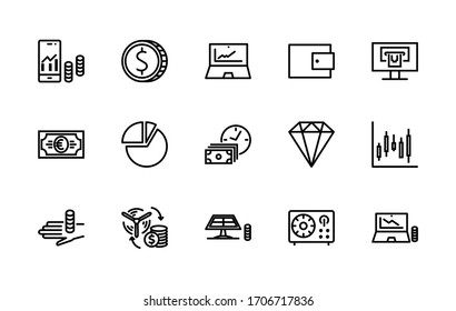 A simple set of money-related vector linear icons. Contains icons such as: safe, coins, assets, payment in parts, exchange, bills, and more. Editable Stroke. 48x48 pixels is perfect.