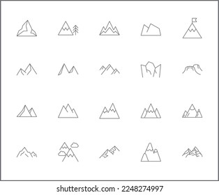 Simple Set of mountain Related Vector Line Icons.
Vector collection of hiking, climbing, climb, Nature, Scenery, landscape, scenery and design elements symbols or logo element.