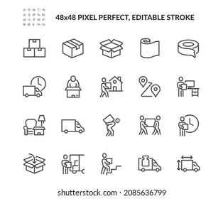 Simple Set of Moving Service Related Vector Line Icons. \nContains such Icons as Office Move, Vehicle Cargo Stats, Loaders and more. Editable Stroke. 48x48 Pixel Perfect.