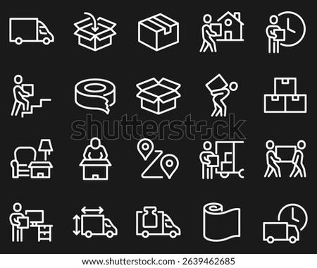 Simple Set of Moving Service Related Vector Line Icons. Contains such Icons as Office Move, Vehicle Cargo Stats, Loaders and more.