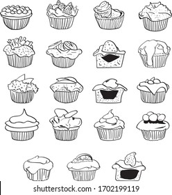 Einfache Muffins, Sammlung von Cupcakes mit unterschiedlichen Geschmacksrichtungen. Handgemalte Muffin-Kekse-Skizze