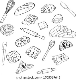 Simple set muffins, collection of cupcakes with different flavors. Hand painted muffin cookie sketch