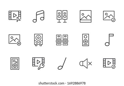 Simple conjunto de iconos multimedia en estilo de línea de moda. Símbolos vectoriales modernos, aislados en un fondo blanco. Envase para pictogramas lineales. Colección de iconos de línea para aplicaciones web y concepto móvil.