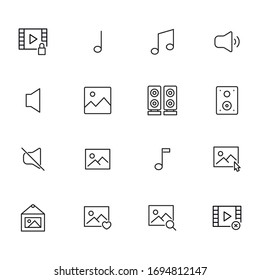 Simple conjunto de iconos multimedia en estilo de línea de moda. Símbolos vectoriales modernos, aislados en un fondo blanco. Envase para pictogramas lineales. Colección de iconos de línea para aplicaciones web y concepto móvil.