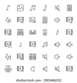 Conjunto simple de iconos multimedia con estilo de línea de moda. Símbolos vectoriales modernos, aislados en un fondo blanco. Envase para pictogramas lineales. Colección de iconos de línea para aplicaciones web y concepto móvil.