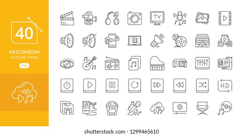 Simple set of multimedia related vector line icons. Contains such camera, computer, cinema, and more