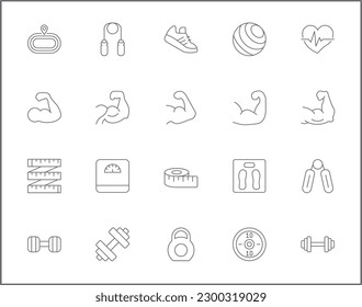 Simple Set of muscle Related Vector Line Icons. Vector collection of fitness, flexing, working out, gym, dumbbell, weight, scale, ball, healthy, measure and design elements symbols or logo element.