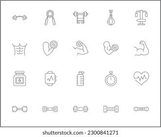 Einfache Auswahl an Vektorgrafik-Symbolen für Muskeln. Vektorkollektion von Fitness, Flex, Training, Fitness, Hantel, Gewicht, Maßstab, Ball, gesund, Maß und Design Elemente Symbole oder Logo Element.