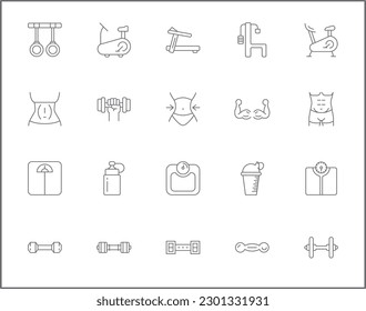 Simple Juego de Iconos de Línea Vectora Relacionados con Músculos. Colección vectorial de fitness, flexión, ejercicio, gimnasia, dobladillo, peso, báscula, pelota, saludable, medidas y elementos de diseño símbolos o logotipo.