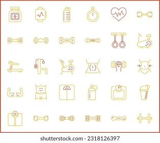 Simple Set of muscle Related Vector Line Icons. Vector collection of fitness, flexing, working out, gym, dumbbell, weight, scale, ball, healthy, measure and design elements symbols or logo element.