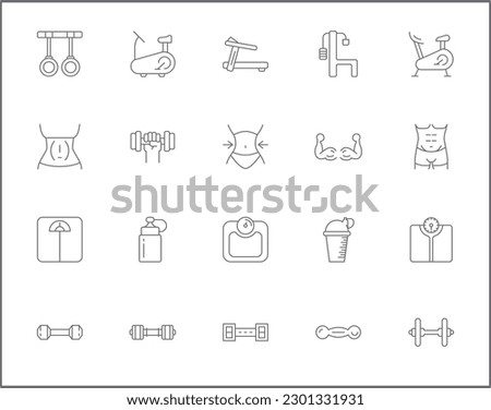 Simple Set of muscle Related Vector Line Icons. Vector collection of fitness, flexing, working out, gym, dumbbell, weight, scale, ball, healthy, measure and design elements symbols or logo element.
