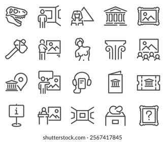 Simple Set of Museum Related Vector Line Icons. Contains such Icons as Tourist Group, Sculpture, Art Gallery and more.