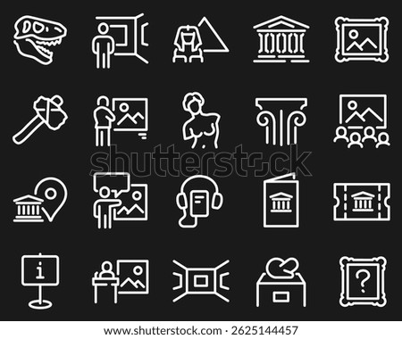 Simple Set of Museum Related Vector Line Icons. Contains such Icons as Tourist Group, Sculpture, Art Gallery and more white