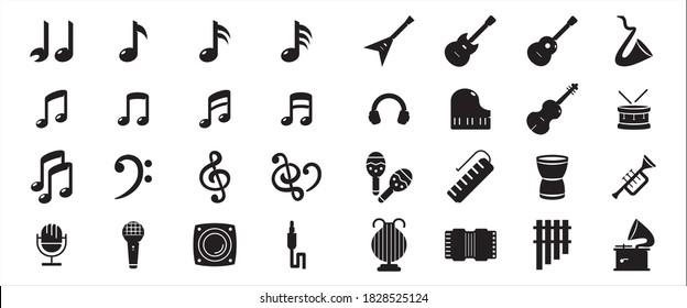 Einfache Set von Musik-Tonsystem Verwandte Vektorsymbol Grafikdesign-Vorlage. Enthält Symbole wie Noten, Kopfhörer, Mikrofon, Gitarre, Violine, Trommel und mehr